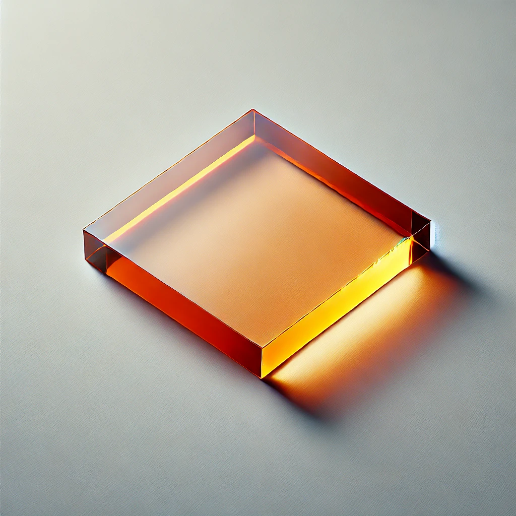 Corte y Grabado Metacrilato. Pieza cuadrada de metacrilato transparente naranja de 3 mm con esquinas redondeadas sobre fondo gris claro