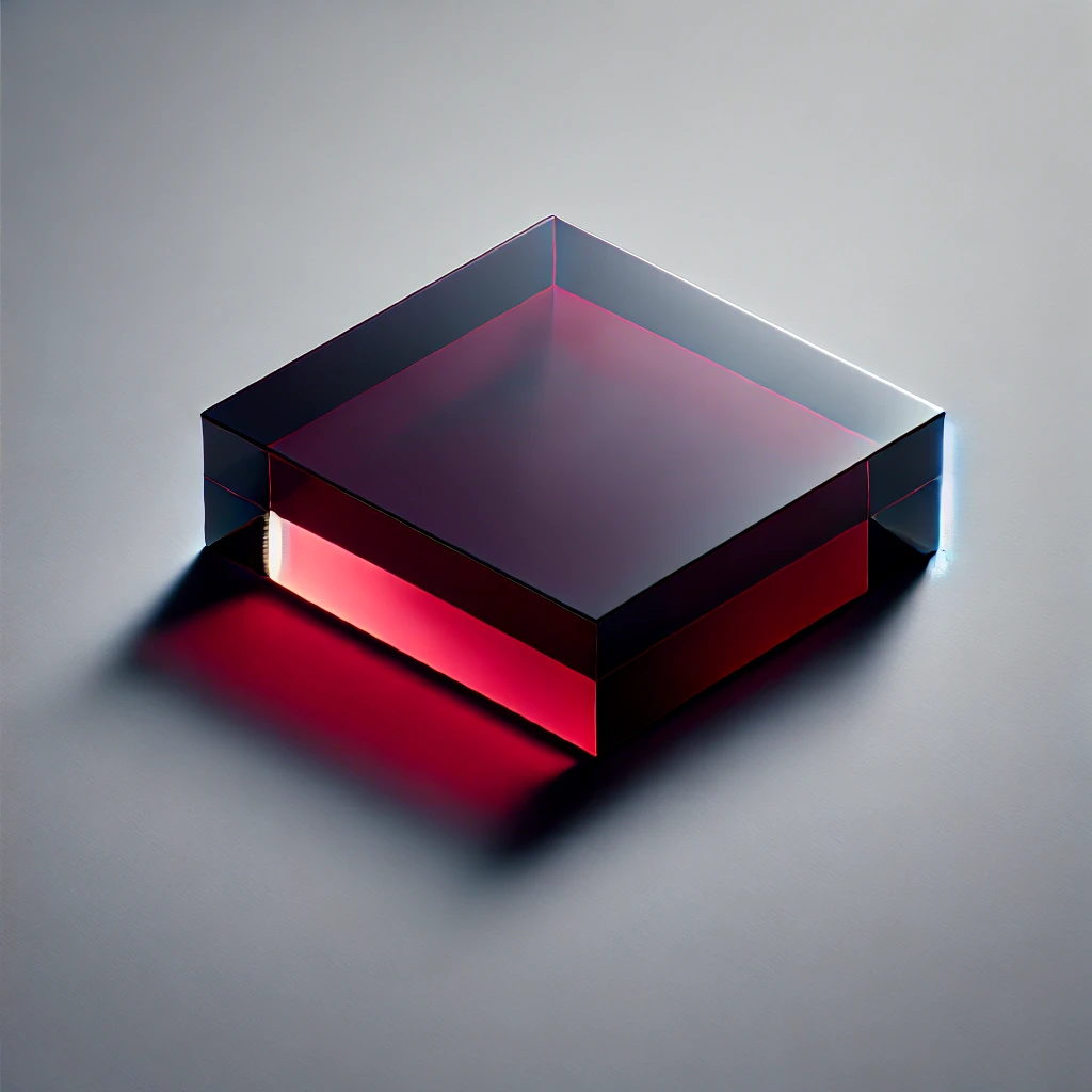Corte y Grabado Metacrilato. Pieza cuadrada de metacrilato transparente rojo oscuro de 3 mm con esquinas redondeadas sobre fondo gris claro