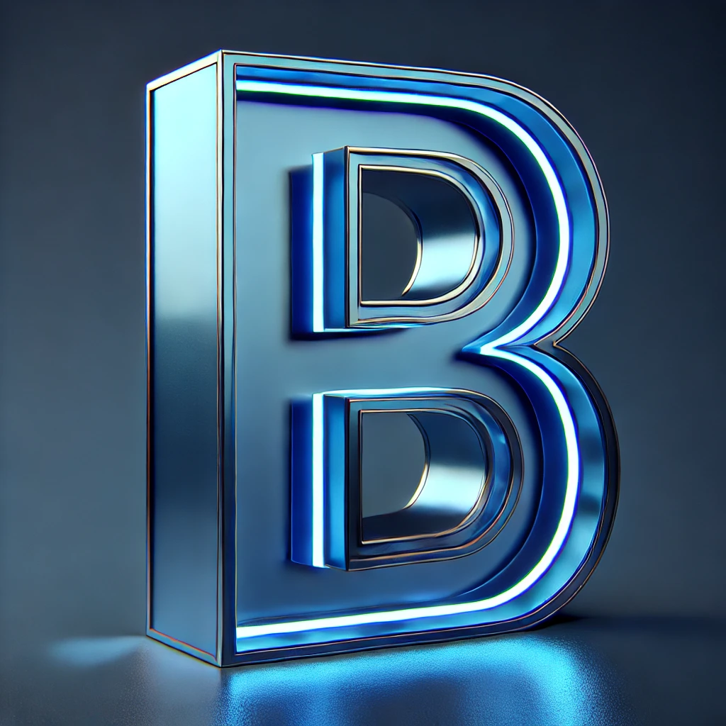 Corte y Grabado Metacrilato de una letra 'B' en acrílico espejo azul, con bordes brillantes y un acabado pulido, sobre un fondo azul. El diseño destaca por su acabado moderno y elegante, con un suave resplandor en los bordes