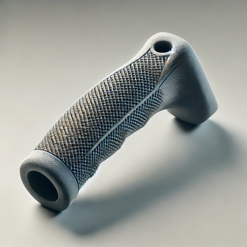 Imagen de un mango de bicicleta impreso en 3D con TPE (elastómero termoplástico), colocado sobre un fondo gris claro. El mango tiene un diseño ergonómico con una superficie texturizada para mejorar el agarre y la comodidad. El material flexible está diseñado para absorber golpes y vibraciones. La textura de la impresión 3D es visible, mostrando un acabado ligeramente estratificado. La iluminación es suave y difusa para resaltar los detalles del material. La superficie es limpia, sin texto ni marcas. Filamentos Plásticos.