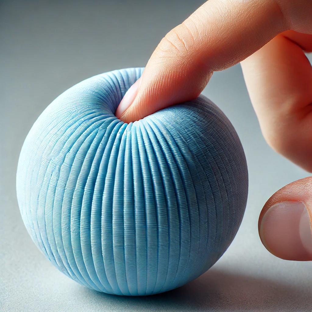 Imagen de una pelota pequeña de color azul impresa en 3D con TPE (elastómero termoplástico), colocada sobre un fondo gris claro. Un dedo humano presiona la pelota, comprimiéndola visiblemente para demostrar su flexibilidad. La pelota se deforma bajo la presión, resaltando su material suave y similar al caucho. La textura de la impresión 3D es visible, con un acabado ligeramente estratificado. La iluminación es suave y difusa para resaltar los detalles del material. Filamentos Plásticos.