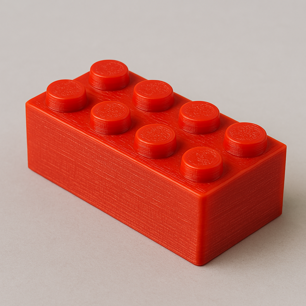 Primer plano de una pieza tipo LEGO impresa en 3D con tecnología FDM, utilizando filamento ABS rojo brillante. La superficie presenta ligeras líneas de capa, bordes bien definidos y una textura característica del modelado por deposición fundida. La pieza está ubicada sobre un fondo gris liso que resalta su color y forma.