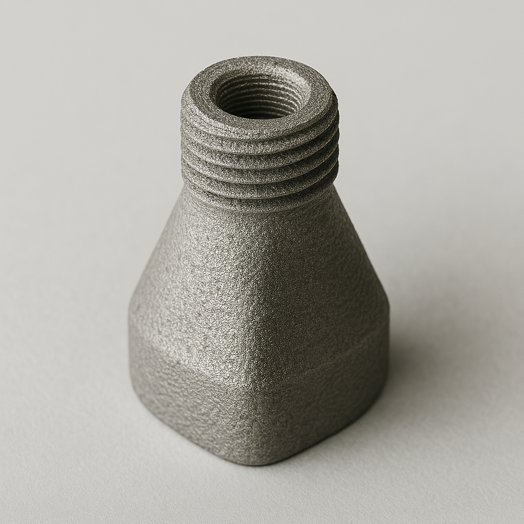 Imagen detallada de una boquilla impresa en 3D mediante FDM con filamento compuesto de acero inoxidable 316L. Muestra una superficie granulada y líneas de capa visibles, antes del proceso de sinterizado. Ideal para documentación técnica e industrial.