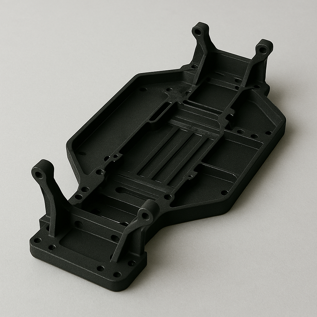 Imagen detallada de un chasis de coche radiocontrol impreso en 3D con filamento PA12 mediante tecnología FDM. Diseño técnico sin ruedas, con acabado negro mate y estructura reforzada. Ideal para prototipos funcionales y uso en automodelismo.