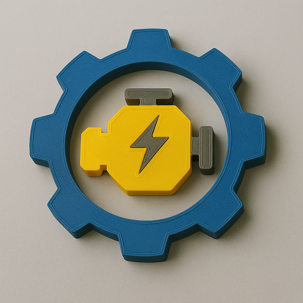 Pieza 3D impresa en PLA con forma de engranaje en tres colores (azul, gris y amarillo), colocada sobre un fondo gris claro. La pieza muestra detalles definidos y un acabado texturizado propio de la impresión FDM.