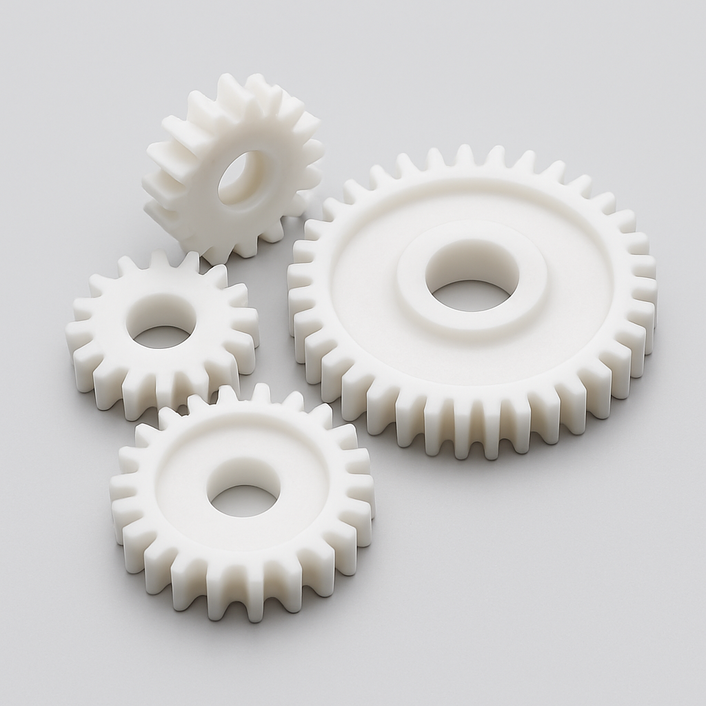 engranajes fabricados en POM (acetal), ideales para aplicaciones industriales por su resistencia al desgaste, baja fricción y excelente estabilidad dimensional.