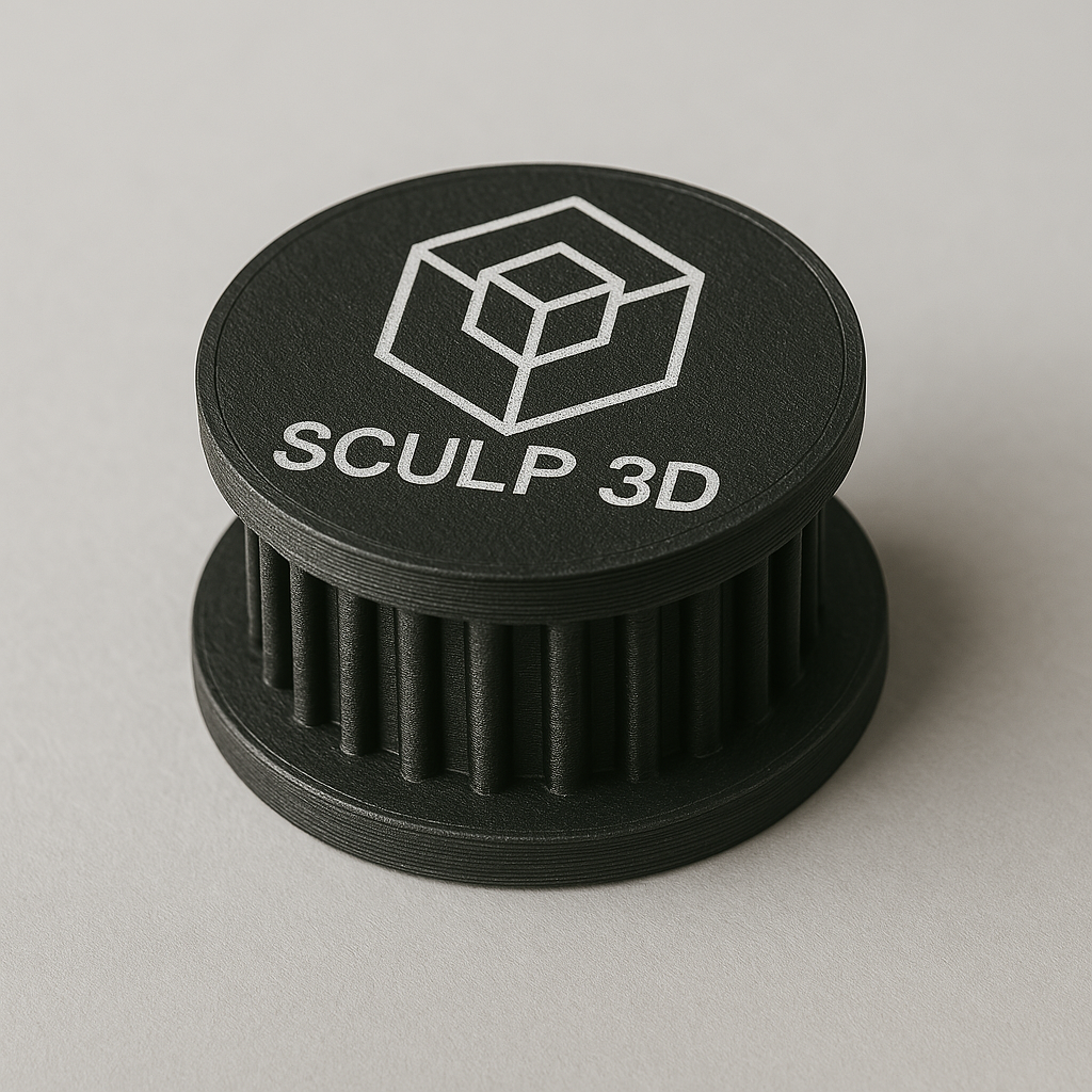 Imagen de una polea dentada fabricada con filamento ABS negro mediante tecnología FDM. La pieza muestra un acabado mate, dientes bien definidos y el logotipo de Sculp3D serigrafiado en la cara plana, ideal para aplicaciones mecánicas y de transmisión.
