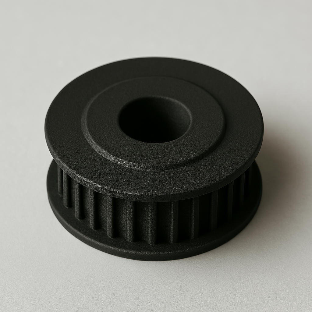 Imagen de una polea impresa en 3D con filamento de poliamida PA12 mediante tecnología FDM. Presenta un acabado mate, líneas de capa visibles y diseño técnico funcional. Ideal para piezas mecánicas resistentes y duraderas.