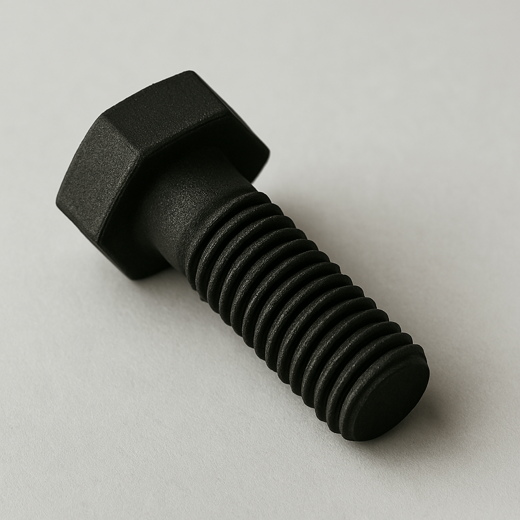 Imagen realista de un tornillo impreso en 3D mediante tecnología FDM con filamento de poliamida PA12. Muestra un acabado mate, rosca helicoidal bien definida y líneas de capa visibles. Ideal para aplicaciones funcionales y prototipos mecánicos.