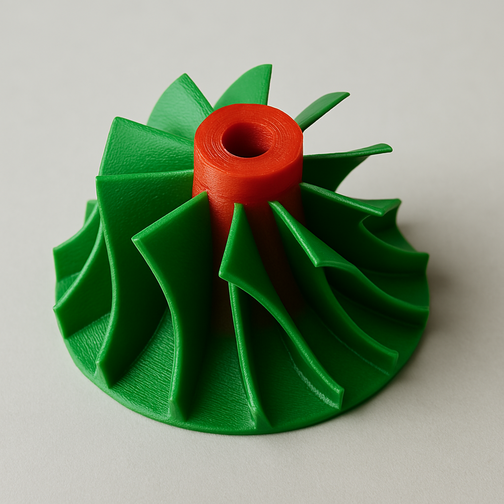 Imagen de una turbina impresa en 3D con filamento ABS en colores verde y rojo mediante tecnología FDM. Se aprecian detalles definidos, curvatura suave de las aspas y un acabado funcional ideal para aplicaciones mecánicas o demostrativas.