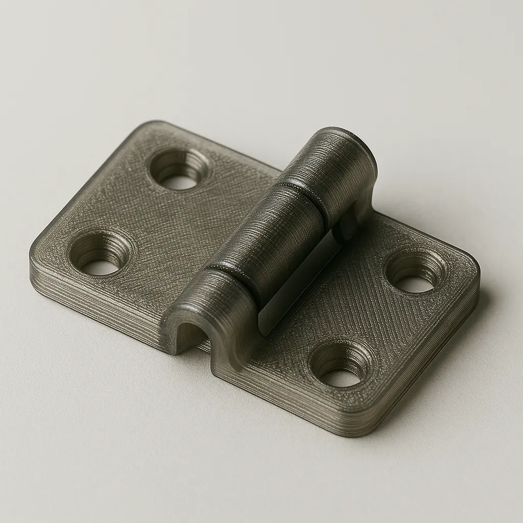 Imagen de una bisagra articulada impresa en 3D con policarbonato mediante tecnología FDM. Pieza funcional de una sola unidad con eje integrado, pensada para prototipos mecánicos y aplicaciones que requieren movilidad sin ensamblaje.