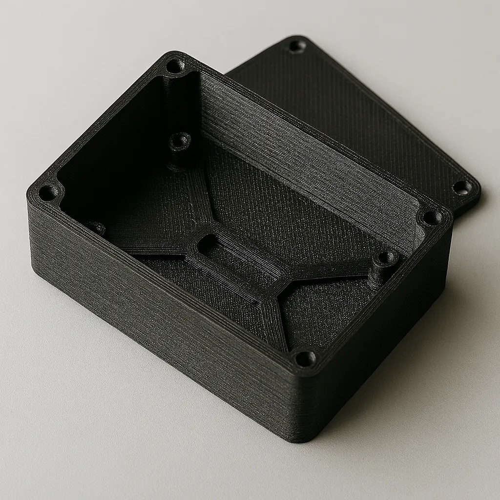 Imagen de una carcasa técnica impresa en 3D con filamento reforzado con fibra de carbono. Cuenta con tapa desmontable, refuerzos internos y puntos de anclaje para componentes electrónicos, diseñada para entornos exigentes y aplicaciones industriales.
