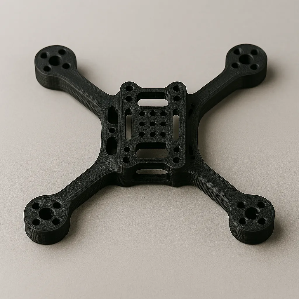 Imagen de un chasis de dron ultraligero tipo racing impreso en 3D mediante FDM con filamento de policarbonato negro. Diseño en X con brazos estilizados y estructura central reforzada. Ideal para aplicaciones de alta velocidad y resistencia estructural.
