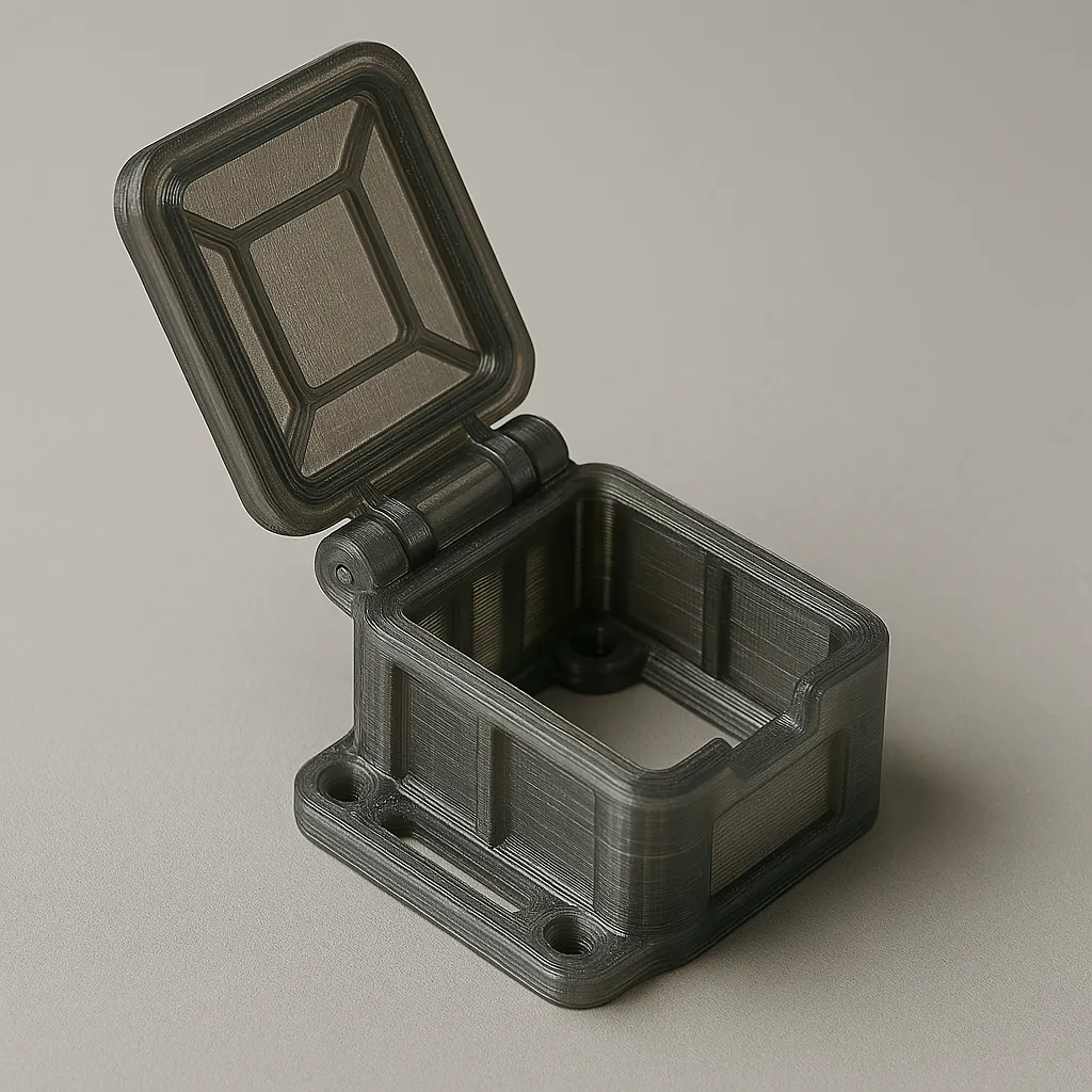 Imagen de una compuerta articulada y su caja técnica impresa en 3D con filamento de policarbonato mediante FDM. Presenta nervaduras de refuerzo, sistema de bisagra funcional y paredes con orificios de montaje, ideal para aplicaciones industriales, electrónicas o mecánicas.