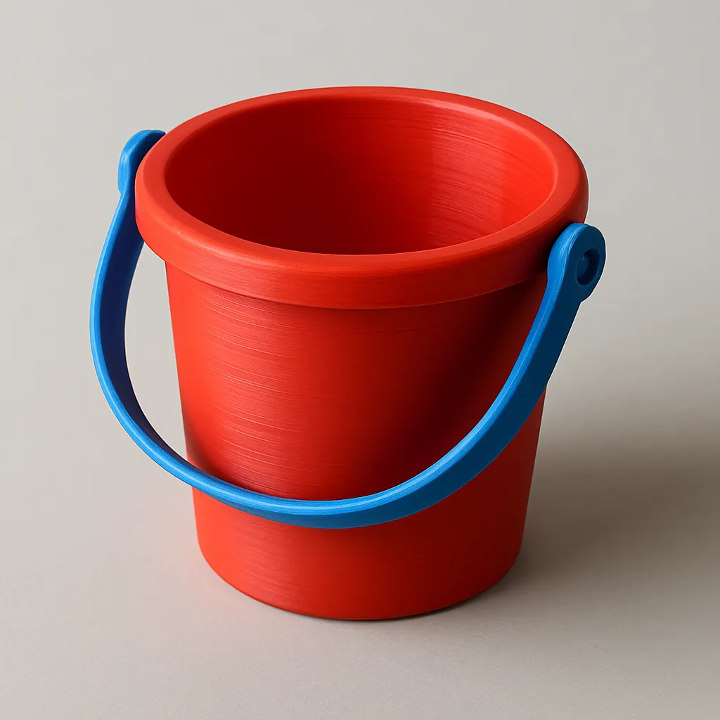 Imagen de un cubo de playa infantil impreso en 3D con filamento ASA mediante tecnología FDM. Diseño robusto, colorido y duradero, ideal para juegos al aire libre gracias a su resistencia a los rayos UV, humedad y desgaste por arena.