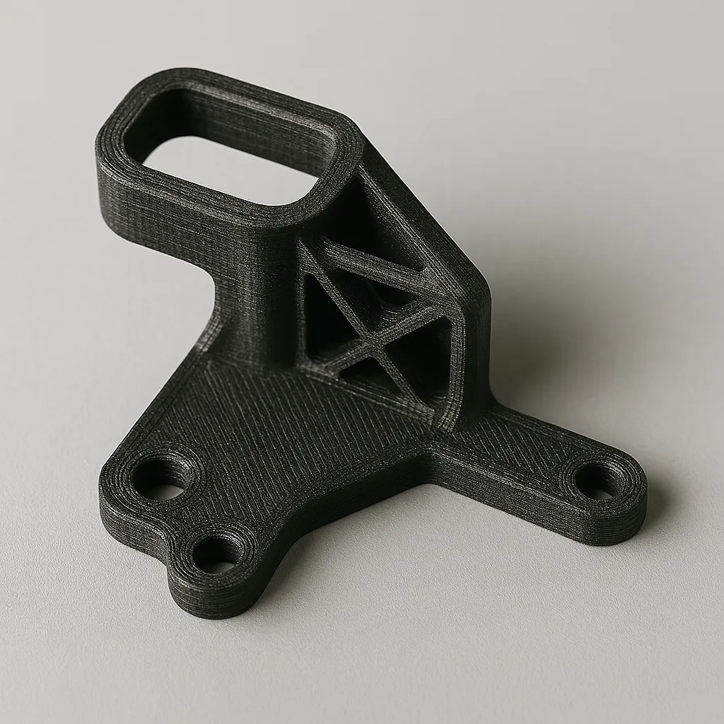 Imagen de una pieza técnica impresa en 3D con filamento de fibra de carbono mediante tecnología FDM. Diseñada para aplicaciones robóticas, presenta un acabado mate texturizado, refuerzos diagonales y zonas de montaje, destacando precisión y rigidez estructural.