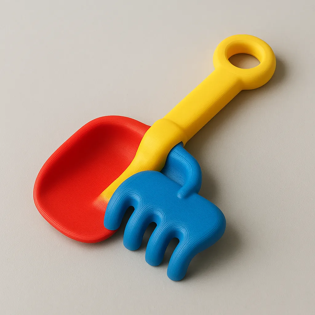 Imagen de un juguete infantil de playa impreso en 3D con filamento ASA mediante tecnología FDM. Combina pala y rastrillo en un diseño colorido, ergonómico y resistente a la intemperie, ideal para uso en arena y exteriores.