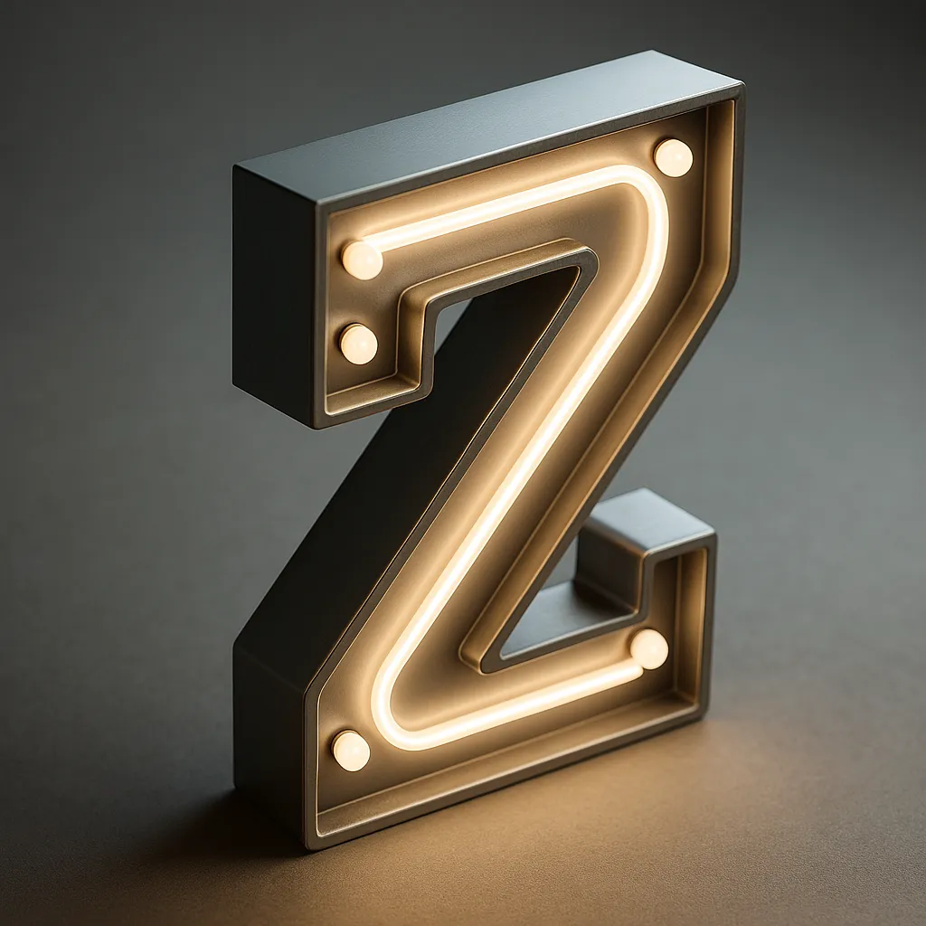 Letra Z de metacrilato retroiluminada con luz LED cálida, sobre fondo oscuro. Diseño decorativo moderno para interiores.