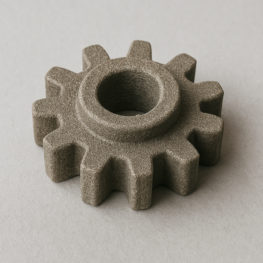 Pieza mecánica impresa en 3D mediante tecnología FDM utilizando filamento compuesto de acero inoxidable 316L. Imagen realista que muestra el acabado rugoso y mate previo al sinterizado. Ideal para aplicaciones industriales.