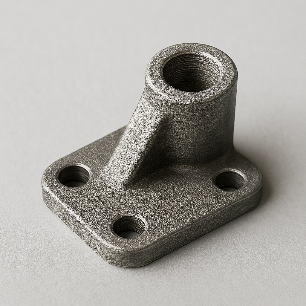 Pieza mecánica impresa en 3D con filamento de acero inoxidable 316L, con acabado rugoso sobre fondo gris.