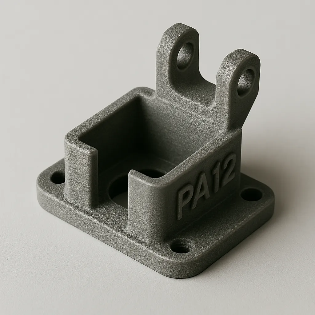 Imagen de una pieza técnica impresa en 3D con filamento PA12 mediante FDM. La geometría incluye cuerpo hueco rectangular, soporte en U y base de montaje, con acabado mate y texturizado, ideal para aplicaciones mecánicas exigentes.