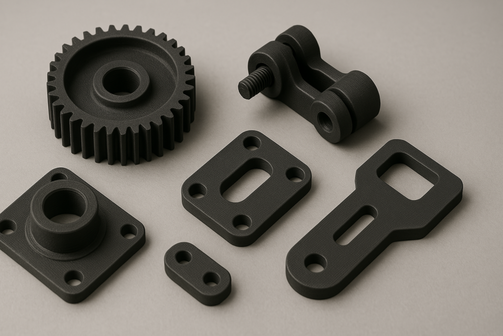 Imagen panorámica de piezas técnicas impresas en 3D con filamento PA12 mediante tecnología FDM. Incluye engranajes, soportes y bisagras, todas con acabado mate y textura precisa, ideales para aplicaciones funcionales.