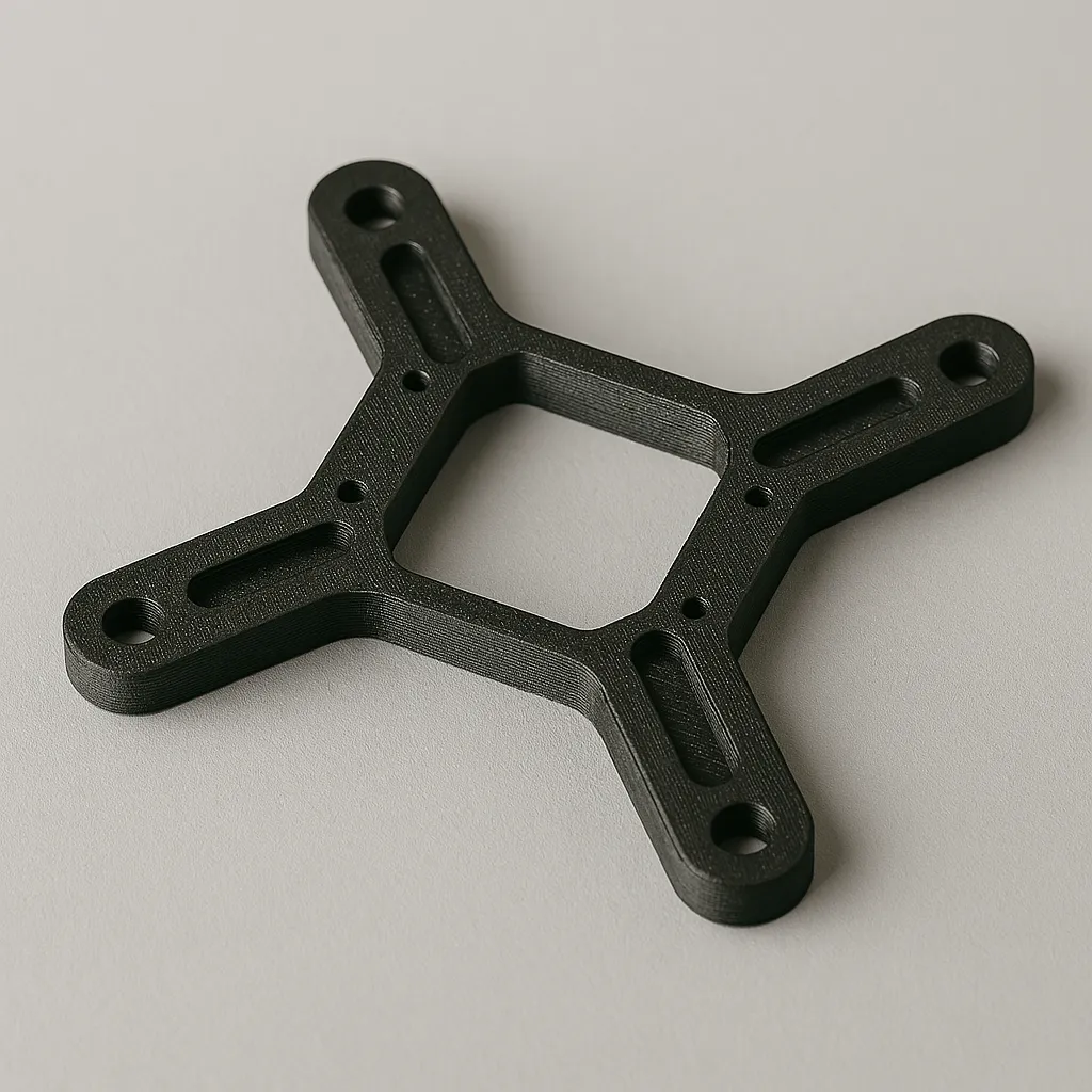 Imagen de una placa base estilo araña impresa en 3D con filamento reforzado con fibra de carbono mediante tecnología FDM. La pieza presenta un diseño simétrico con brazos radiales, corte central hexagonal y acabado mate técnico. Ideal para robótica modular o hexápodos.