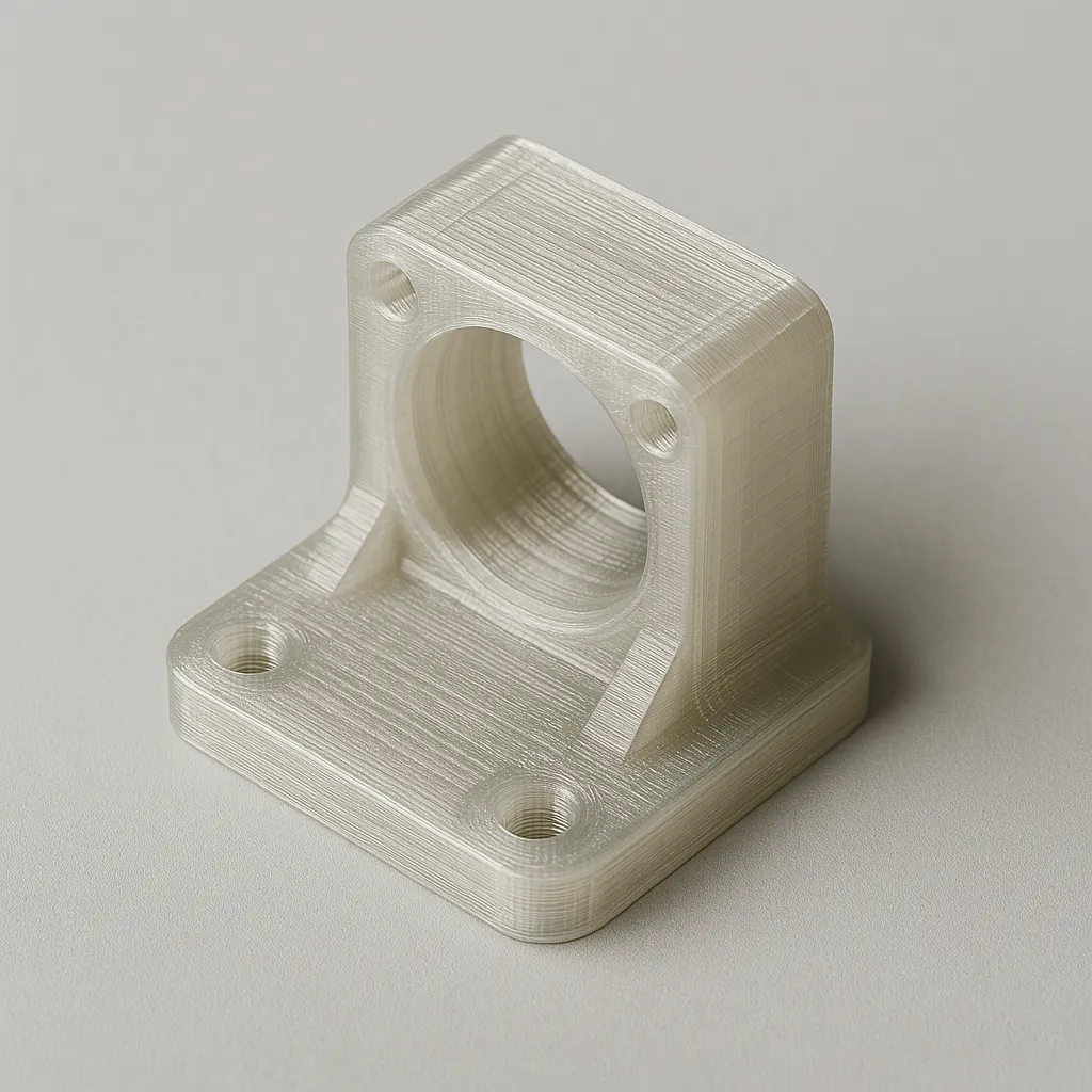 Imagen técnica de un soporte para motor NEMA impreso en 3D con filamento de policarbonato natural. Destaca su acabado translúcido y resistente, ideal para montajes mecánicos o electrónicos que requieren alta rigidez térmica y estructural.