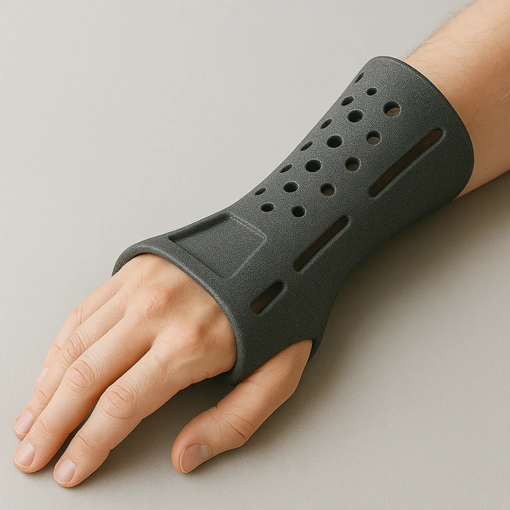 Imagen realista de una férula ortopédica impresa en 3D con filamento PA12 mediante tecnología FDM. Adaptada a la forma de la muñeca y el antebrazo, presenta diseño ventilado, superficie mate y ajuste ergonómico. Ideal para aplicaciones médicas personalizadas.