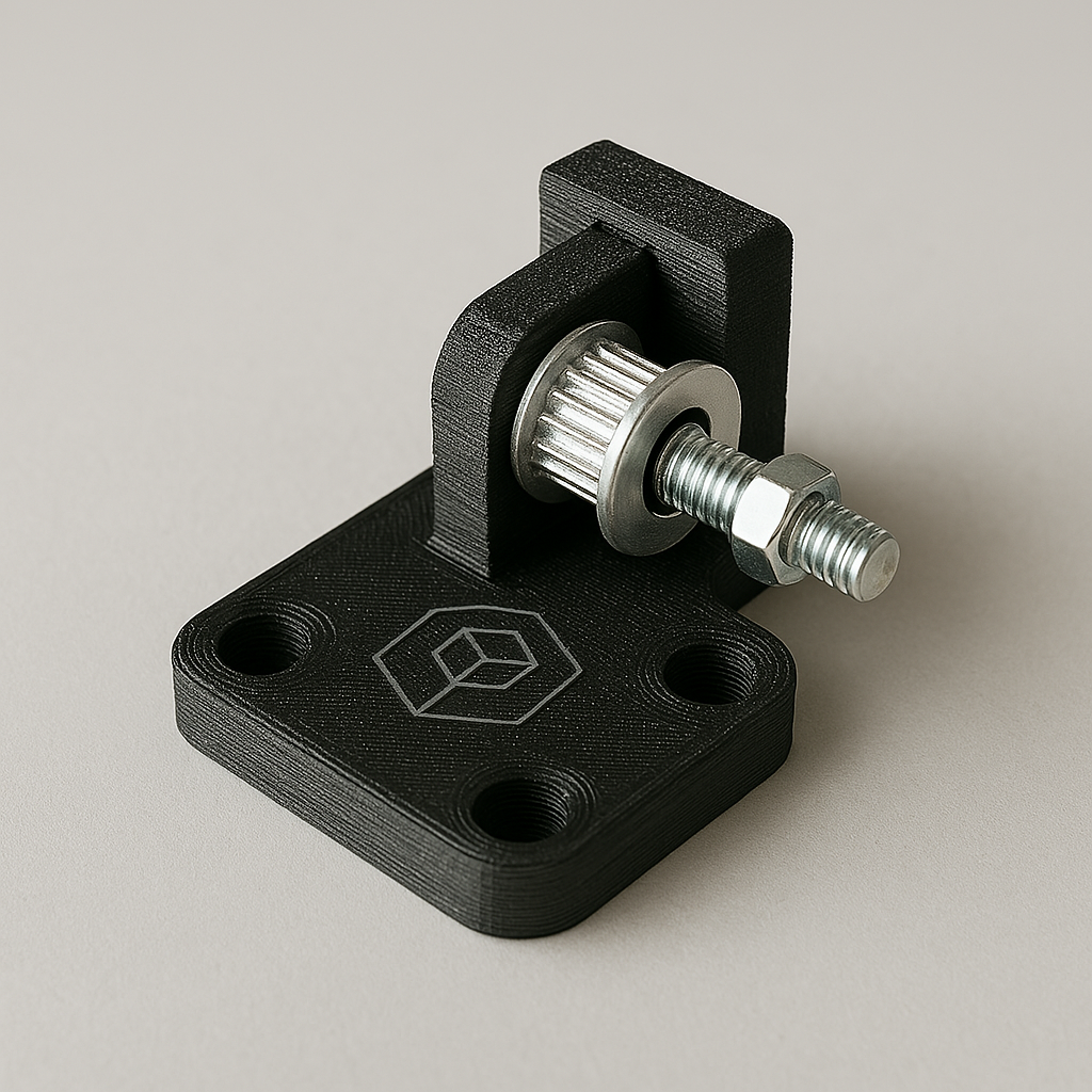 Imagen de un tensor de correa tipo GT2 fabricado en impresión 3D mediante FDM con ABS negro. La pieza muestra un diseño técnico con soporte en L, polea y tornillería, ideal para sistemas de transmisión en impresoras 3D y CNC.