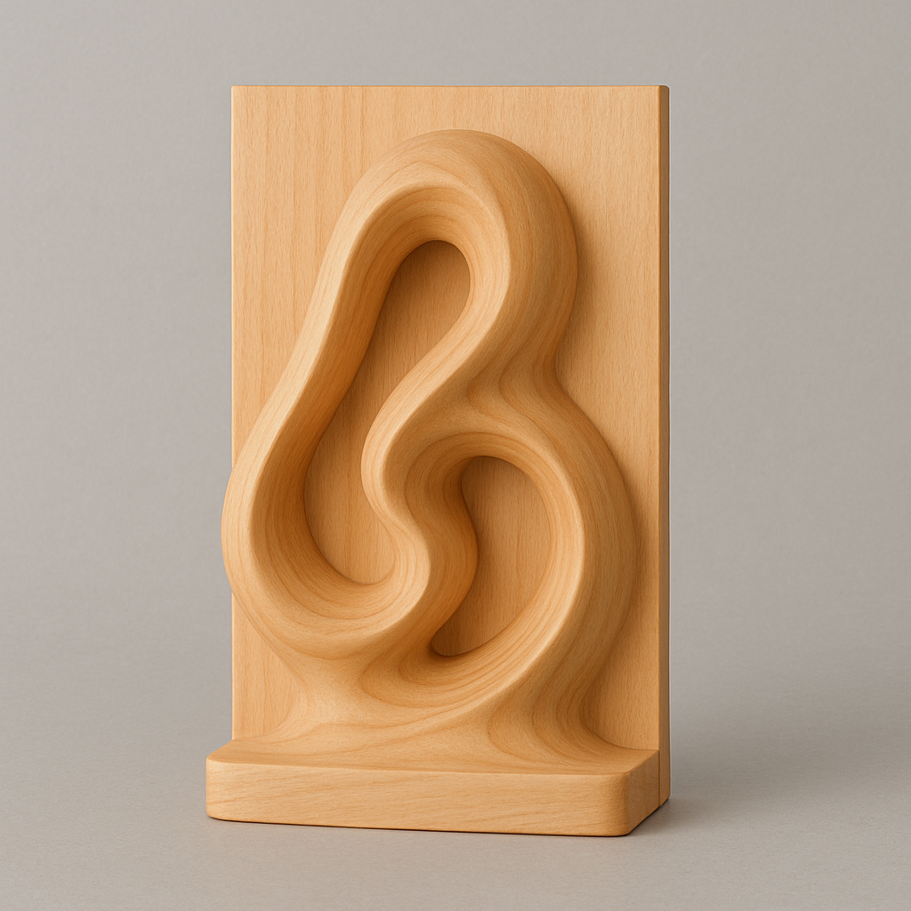 Explora esta escultura de madera clara con curvas orgánicas talladas por CNC. Su parte trasera plana la hace perfecta para colgar o apoyar como pieza decorativa moderna. Ideal para diseño de interiores, arte mural o exhibición artesanal.