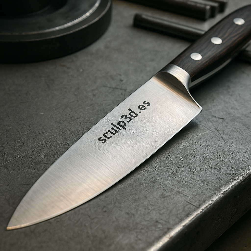 Cuchillo de acero inoxidable grabado con láser con el texto sculp3d.es, sobre fondo técnico gris claro.
