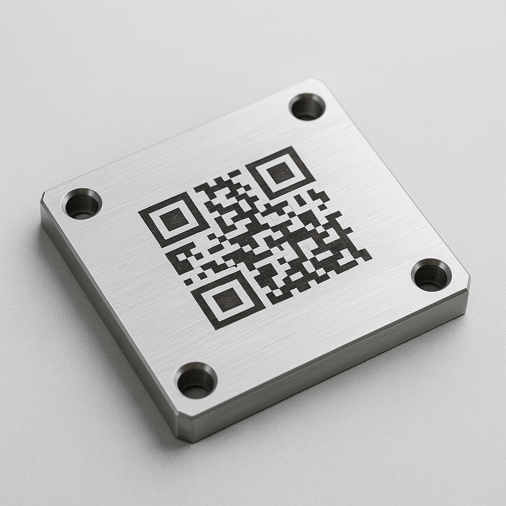 Placa rectangular de aluminio mecanizada con código QR grabado mediante láser de fibra, sobre fondo gris claro.